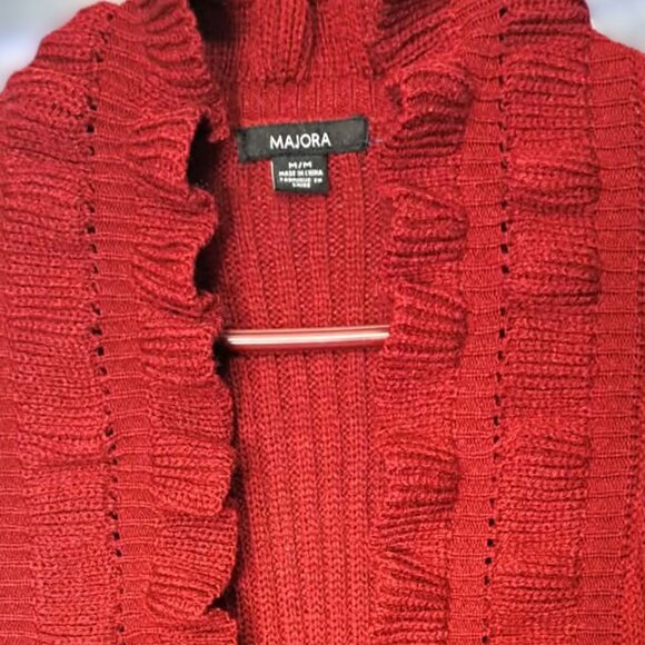 Ruffled Open-Front Long Cardigan Sweater w/ Matching Tie-front or Tie-back Belt - Picture 3 of 5